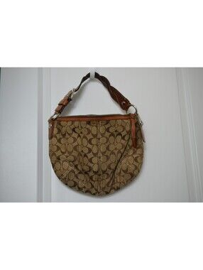 Coach 11858 Signature Jacquard Brown Tan Leather Trim Shoulder Bag Purse